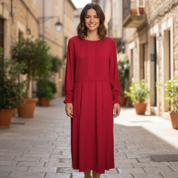 H&M Dark Red Midi Dress Sz M Long-Sleeve Lined Back Seam Zipper Boho Whimsy - Picture 1 of 7